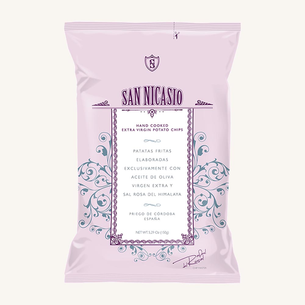 San Nicasio Hand cooked extra virgin olive oil potato chips with Himalayan pink salt, from Andalusia, bag 150 gr.